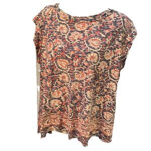 FREE PEOPLE Celia Printed Boho Blouse Large EUC Distressed Burnout Floral Top L
